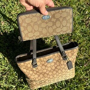 COACH Outliner “C” Signature Khaki Zip Top Tote Handbag and matching wallet
